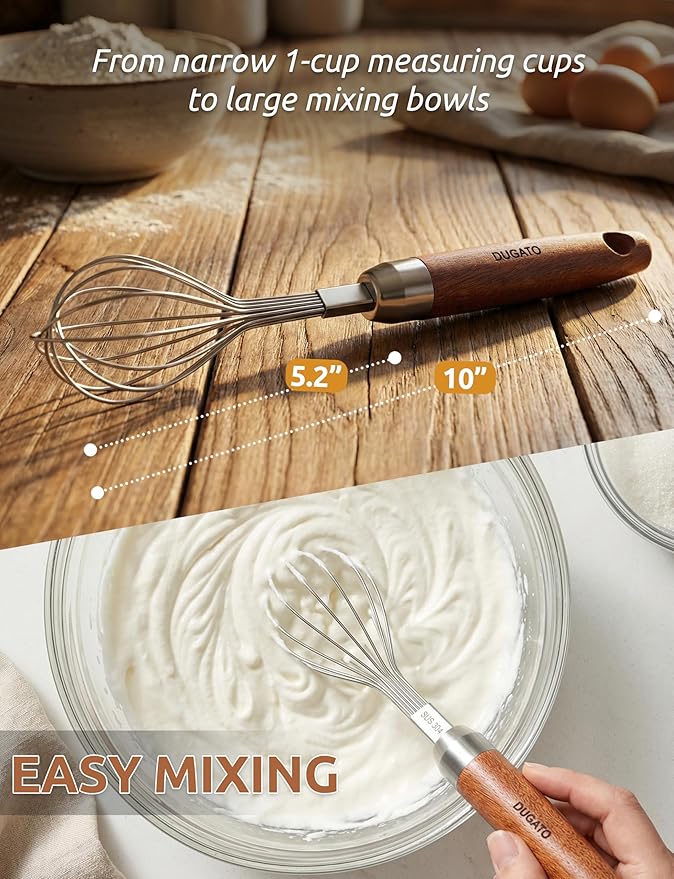 Egg Whisk, 10" Long Wire Whisk Stainless Steel, Small Balloon Whisking Tool with Wooden Handle, Perfectly Sized for 1-Cup Measuring Cups, Scrambling Eggs & Small Sauces