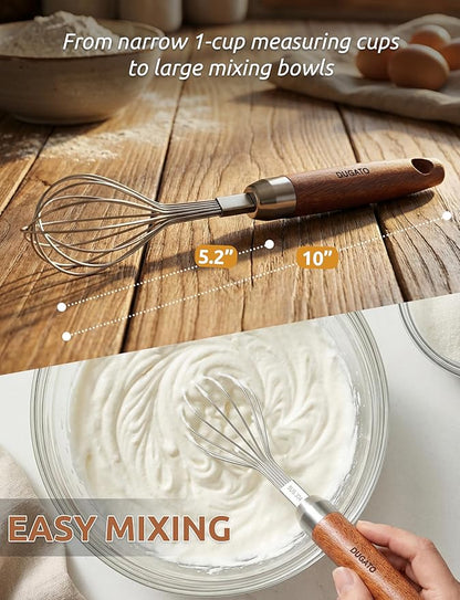 Egg Whisk, 10" Long Wire Whisk Stainless Steel, Small Balloon Whisking Tool with Wooden Handle, Perfectly Sized for 1-Cup Measuring Cups, Scrambling Eggs & Small Sauces