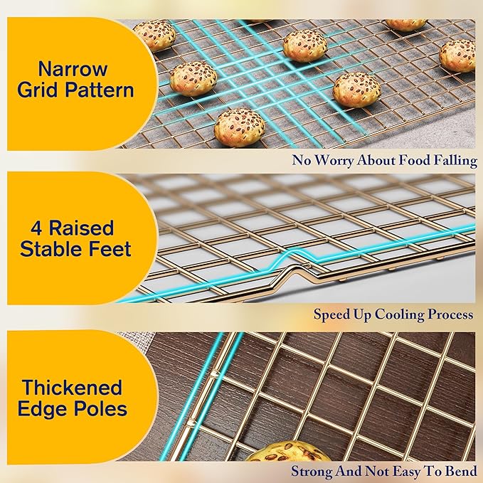 2-Pack Cooling Racks for Cooking and Baking - 10" x 15"Heavy Duty Stainless Steel Wire Rack for Baking, Grilling, Roasting - Oven & Dishwasher Safe - Fits Jelly Roll Sheet Pan（Gold） - Image 3