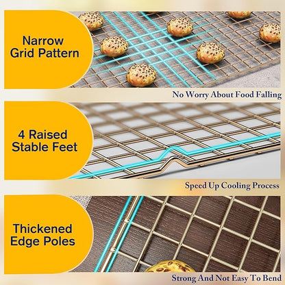 2-Pack Cooling Racks for Cooking and Baking - 10" x 15"Heavy Duty Stainless Steel Wire Rack for Baking, Grilling, Roasting - Oven & Dishwasher Safe - Fits Jelly Roll Sheet Pan（Gold） - Image 3