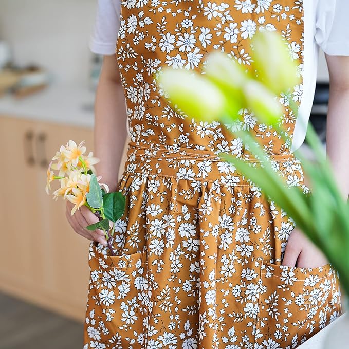Pinknoke Vintage Pinafore Apron Dress for Women with Pockets Cute Floral Chef Aprons for Kitchen Cooking Baking Gardening - Image 4