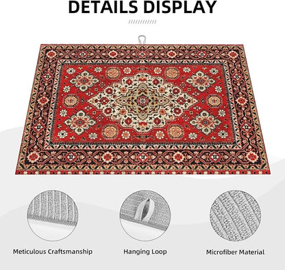 Royal Red Moroccan Dish Drying Mat Old Red Persian Carpet Texture Abstract Drying Rack Pad Countertop Dishes Ultra Absorbent Microfiber Kitchen Counter Mat 18x24 Inch