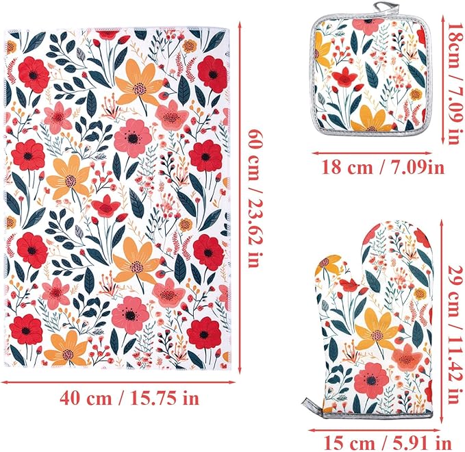 3 Pcs Kitchen Stuff,Wild Floral Kitchen Oven Mitts and Pot Holders Sets with Microfiber Kitchen Towels, Kitchen Accessories,Gifts for Women