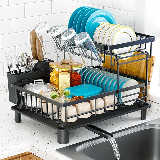 Dish Drying Rack, 2 Tier Dish Racks for Kitchen Counter, Compact Drying Rack Kitchen, Rust-Resistant Dish Drainer, Detachable Space-Saving Dish Rack with Drainboard, Utensil Holder, Black by IMXSUMDA