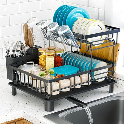 Dish Drying Rack, 2 Tier Dish Racks for Kitchen Counter, Compact Drying Rack Kitchen, Rust-Resistant Dish Drainer, Detachable Space-Saving Dish Rack with Drainboard, Utensil Holder, Black by IMXSUMDA