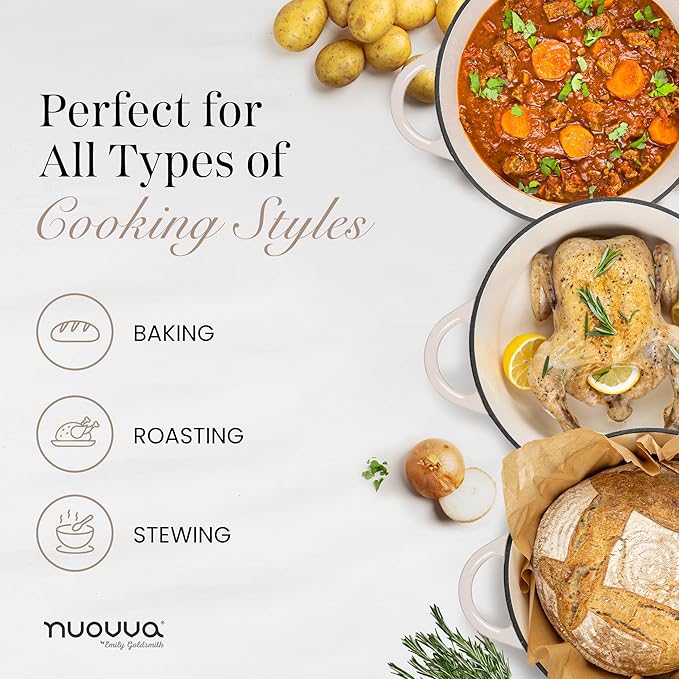Nuovva Enamelled Cast Iron Dutch Oven Pot with Lid 6.4 Quart Non Stick Casserole Pot – Heavy Duty & Oven Safe up to 500° F for Bread Baking, Braising, Stews, Roasting – 28cm Oyster - Image 8