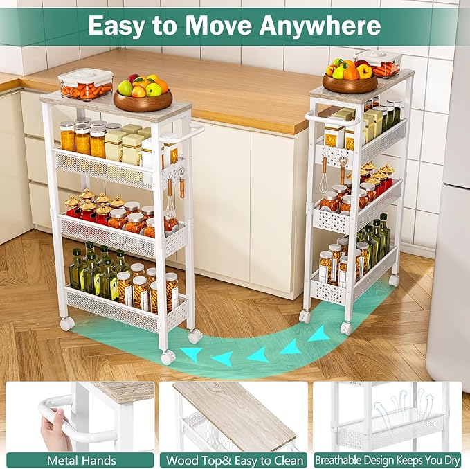 Vivihomety Utility Slim Storage Cart, 4 Tier Small Rolling Kitchen Laundry Room Cart with Wood Top, Metal Bathroom Storage Cabinet Mobile Shelf Unit Organizer Trolley with Handle for Narrow Space - Image 5