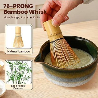 Matcha Whisk Set, Ceramic Matcha Kit Desert Style, Matcha Whisk and Bowl, Bamboo Scoop and Rest, Sifter and Tea Towel, 7 Pcs Gifts for Matcha Lover - Dark Green