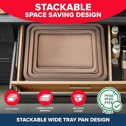 BAKKEN 3-Piece Kitchen Baking Pans - Small, Medium, and Large Cookie Pan, With Nonstick Coating, Stackable and Space-saving Design, PFOA, PFOS, PTFE Free, Oven Safe Tray (Up To 450°F), Brown - Image 4