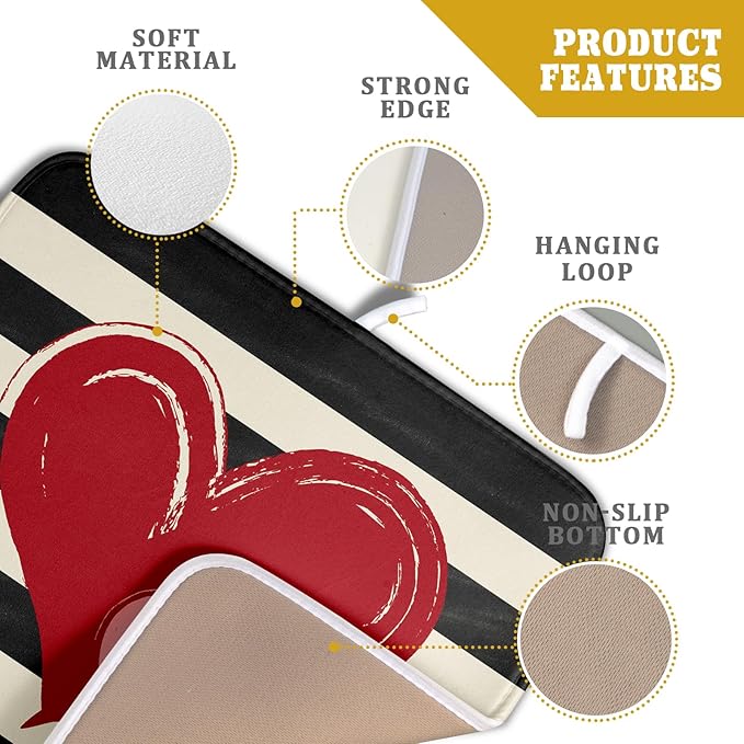 Valentines Day Dish Drying Mat for Kitchen Counter 16x18 Inch Red Pink Love Heart Black Striped Print Absorbent Reversible Microfiber Drying Mats Kitchen Countertop Protector Dishes Drainer Rack Pad - Image 4