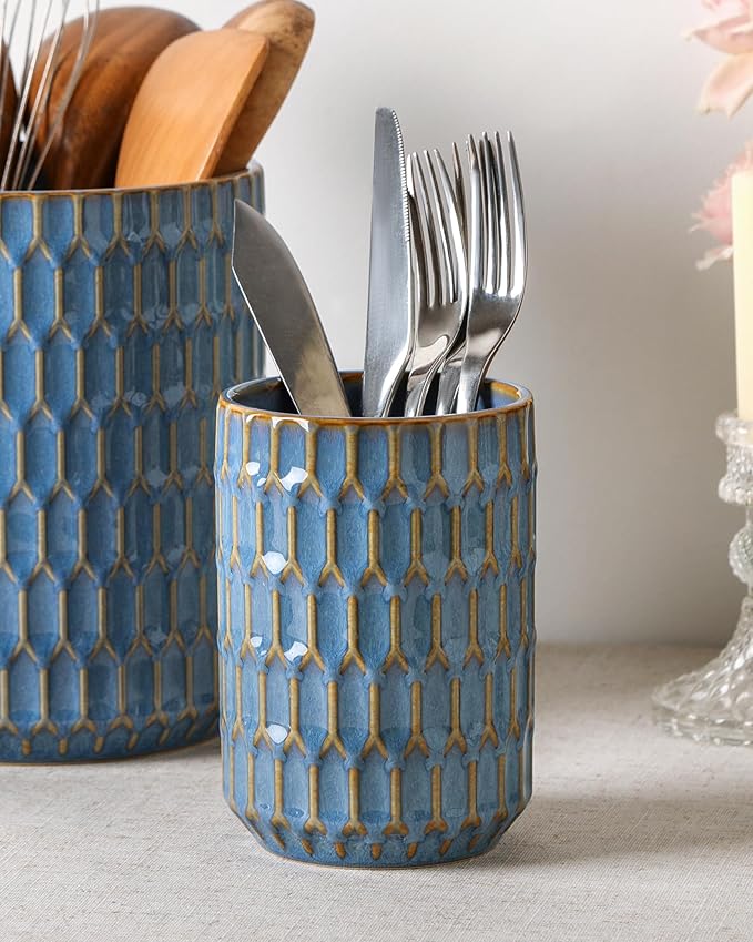 Utensil Holder, 7.5"+5.3" Ceramic Kitchen Utensil Holder for Countertop, Large Cooking Utensil Crock for Kitchen Counter, Set of 2, Blue - Image 8