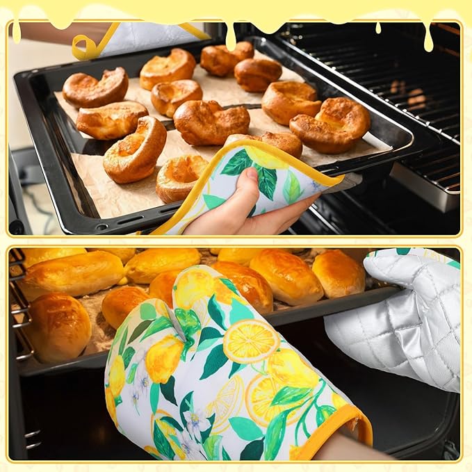 4 Pcs Oven Mitts and Pot Holders Cute Lemon Oven Gloves and Pot Holders Heat Resistant Non Slip Ovens Mitts for Cooking Baking Accessories Fruit Themed Kitchen Linens, 6"x12" - Image 6