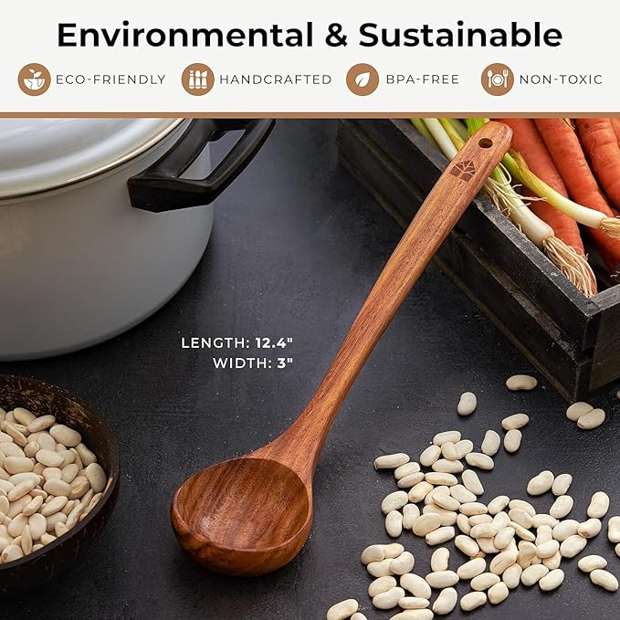 Wooden Ladle for Cooking, Soup Spoon Ladle – Teak Wooden Serving Spoon, 12.4″ Handle, Medium Scoop Size 2 oz – Eco Friendly, Natural and Sustainable - Image 6