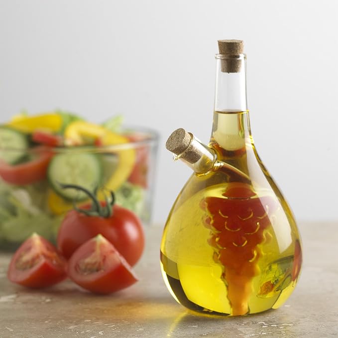 Fox Run Grape Motif Oil and Vinegar Cruet Dispenser Bottle, Clear Borosilicate Glass, Grapes