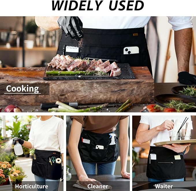BOHARERS Black Waitress Apron 7 Pockets Server Apron with Buckle Closure & Zippered Money Pouch Stain Resistant