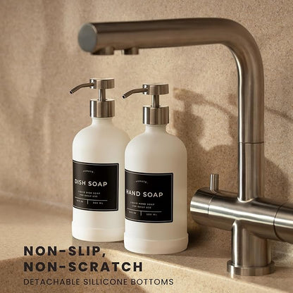 Hand and Dish Soap Dispenser for Kitchen and Bathroom, Set of 2 16 Oz Glass Bottles, Stainless Steel Pumps, Non-Slip Silicone Base, 27 Waterproof Labels (Matte White Bottle/Brushed Silver Pump) - Image 2