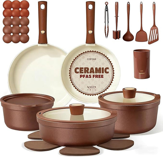CAROTE 22Pcs Ceramic Cookware Set, Pots and Pans Set Non Stick Removable Handles, Non Toxic Cookware Oven/Dishwasher Safe, Induction Cookware, Gift Set, NonStick Cookware Set with Kitchen Essentials by CAROTE