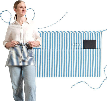 MEEMA Chef Waist Apron Cotton Fabric |Washable & Breathable Waitress & Server Half Aprons for Women with Pockets & Long Waist Straps | Cooking, Baking, Grilling & Crafting