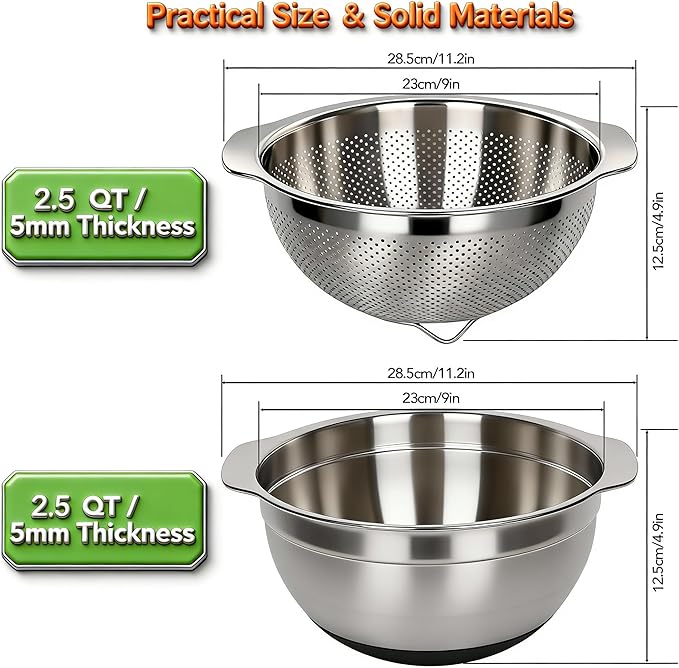 304 Stainless Steel Colander, 2.5 QT Capacity and 2.5 QT Mixing Bowl, Micropore Strainer for Washing Rice, Fruit, and Veggies, Perfect Draining for Cooked Pasta - Image 5