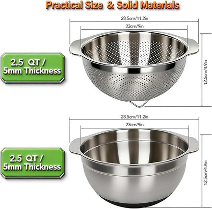 304 Stainless Steel Colander, 2.5 QT Capacity and 2.5 QT Mixing Bowl, Micropore Strainer for Washing Rice, Fruit, and Veggies, Perfect Draining for Cooked Pasta - Image 5