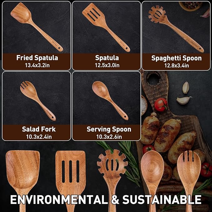 Wooden Spoons for Cooking - 5-Piece Wooden Kitchen Utensil Set made of Natural Solid Wood Material - Includes Salad Spoons, Spaghetti Spoon,Slotted Spatula, Salad Fork, Flat Spatula(A05) - Image 3