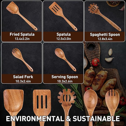 Wooden Spoons for Cooking - 5-Piece Wooden Kitchen Utensil Set made of Natural Solid Wood Material - Includes Salad Spoons, Spaghetti Spoon,Slotted Spatula, Salad Fork, Flat Spatula(A05) - Image 3