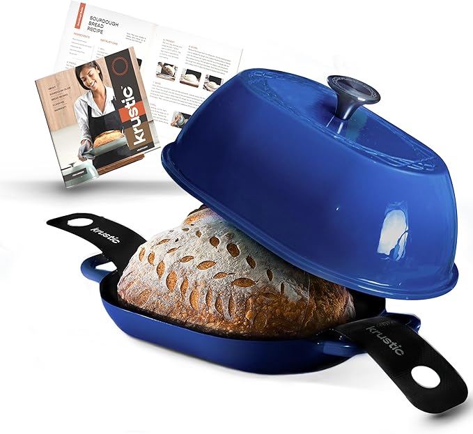 Krustic Enameled Cast Iron Dutch Oven for Professional Sourdough Bread Baking | 5.5 Quart Loaf Size Oval Cookware Pot with Lid | Triple-Layer Enamel Coating Pan with Non Stick Silicone Mat | Blue