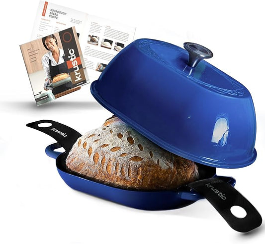 Krustic Enameled Cast Iron Dutch Oven for Professional Sourdough Bread Baking | 5.5 Quart Loaf Size Oval Cookware Pot with Lid | Triple-Layer Enamel Coating Pan with Non Stick Silicone Mat | Blue