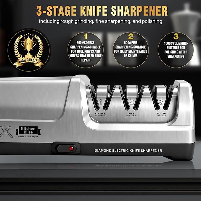 Electric Knife Sharpener for Kitchen—Fast Sharpening to Restore and Polish Chef Straight and Serrated Knives with 3 Stages & 20° Angle System with Metal Dust Box