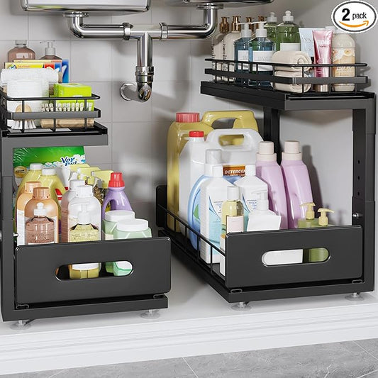 Under Sink Organizer Upgrade To Professional Rails,2-Tier Dual Pull Out Cabinet Storage,Height Adjustable Slide Out Drawers For Bathroom Kitchen,2 Pack-16.7"Dx12.8"-16.9"H,Black by UnderSinkOrganizer