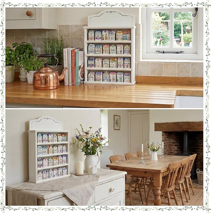 Chunful Vintage Spice Jar Wooden Rack Green White Vines Spice Shelf for 24 Jars, Village Style Wall Mounting Kitchen Storage Decorative Hanging Display Rack, Shelf Only(22.25 x 17.25 Inches)