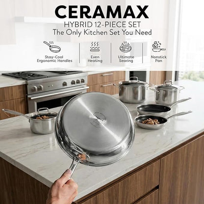 Gotham Steel Ceramax 12 Pcs Tri Ply Hybrid Stainless Steel Cookware Set, Ceramic Pots and Pans Set Non Stick with Induction Cookware, Made Without PTFE PFOA, Metal Utensil, Oven and Dishwasher Safe