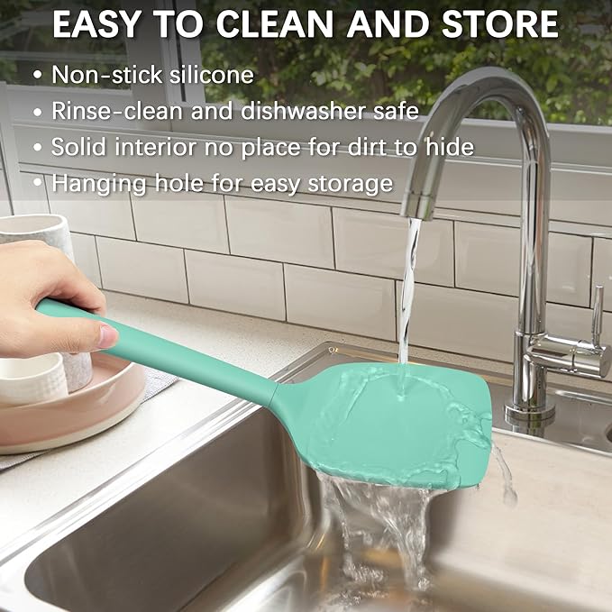 Coukre 2 Pack Silicone Spatula Set, High Heat Resistant, BPA Free Kitchen Spatula, Solid & Slotted Turner for Non-Stick Pans, Sautéing, and Flipping (2, SolidAquaGreen) - Image 5
