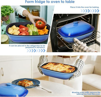 Ceramic Casserole Dish with Lid – 9x13 Stoneware Baking Dish with Lid for Oven, 2.57 Qt Large Deep Casserole Dishes for Oven, Non-Stick Glazed Covered Deep Casserole Dish Lasagna Pan, Dishwasher Safe, Gift for Home Chef (Blue)
