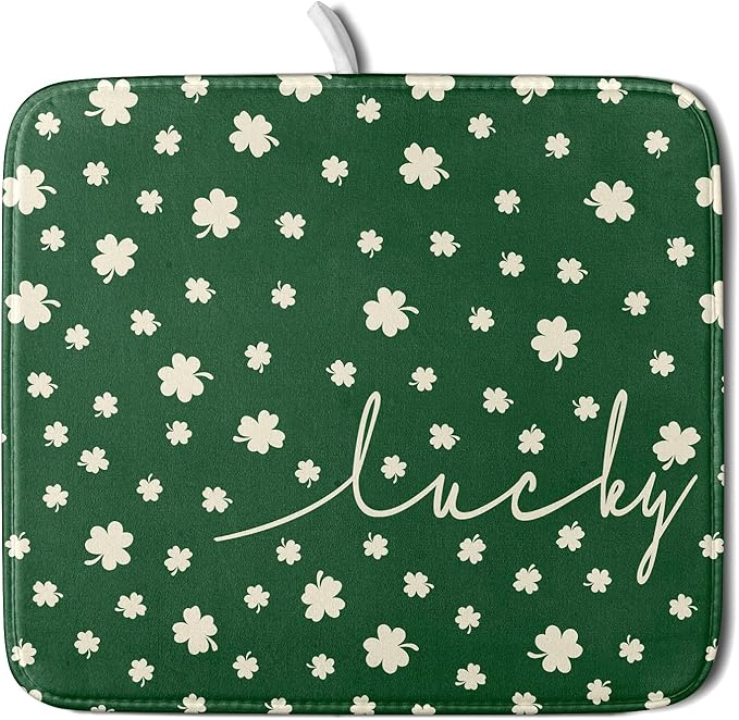 Giwawa St Patricks Day Dish Drying Mat Green Lucky Clovers Dish Drainer Mats 16"x18" Shamrock Holiday Microfiber Reversible Dish Drying Rack Pad Protector for Kitchen Countertop Small Decor