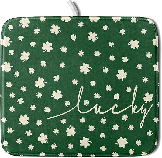 Giwawa St Patricks Day Dish Drying Mat Green Lucky Clovers Dish Drainer Mats 16"x18" Shamrock Holiday Microfiber Reversible Dish Drying Rack Pad Protector for Kitchen Countertop Small Decor