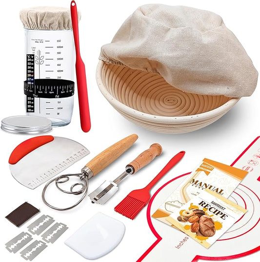 Complete Sourdough Starter Kit, Sourdough Bread Baking Supplies, Banneton Bread Proofing Basket with Sourdough Starter Jar, 9inch Round Bread Proofing Basket, for Bread Baking