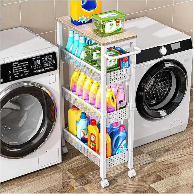 Vivihomety Utility Slim Storage Cart with Wheels, 4 Tier Small Rolling Cart with Wood Top, Metal Kitchen Bathroom Laundry Room Organization Trolley with Handle for Narrow Space - White by EndlessStorage