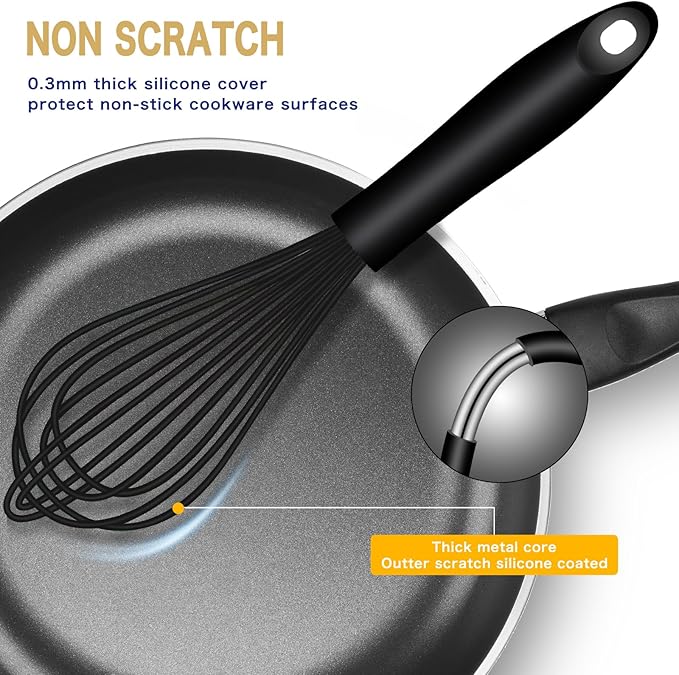 OYV Dishwasher Safe Silicone Whisk, Sealed Waterproof Design Set of 3, Professional Kitchen Whisks for Cooking Non-Scratch, Silicone & Stainless Steel Whisk, Heat Resistant Balloon Egg Beater, Black - Image 9