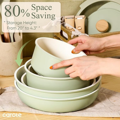 CAROTE Pots and Pans Set, Nonstick Cookware Set Detachable Handle, 19pcs Induction Kitchen Cookware Sets Non Stick with Removable Handle, RV Cookware Set, Oven Safe, Sage Green - Image 7