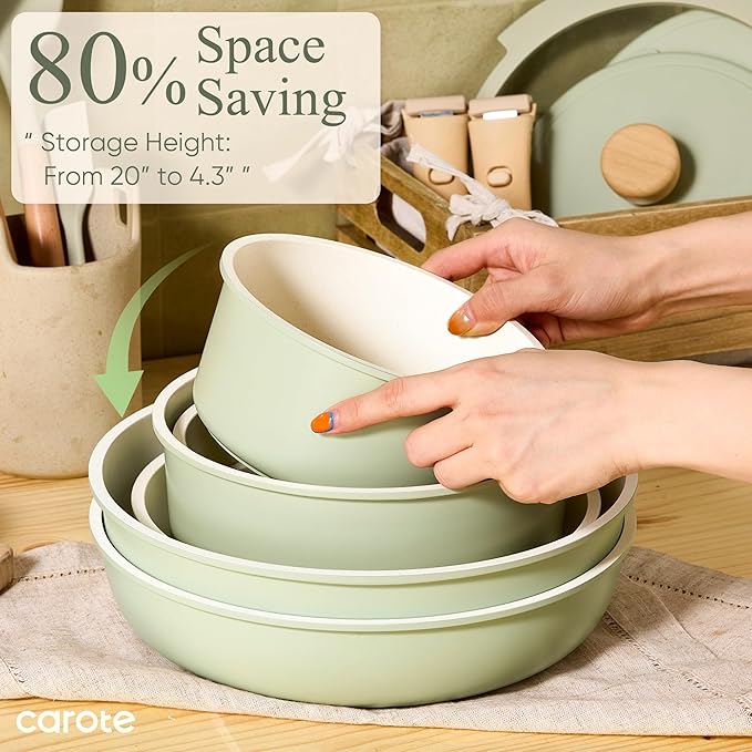 CAROTE 25pcs Pots and Pans Set Non Stick, Cookware Sets, Kitchen Set, Oven/Dishwasher/Fridge Safe, Space Saving Pots Set, Nonstick Set with Versatile Detachable Handle, Induction RV Set, Green - Image 5