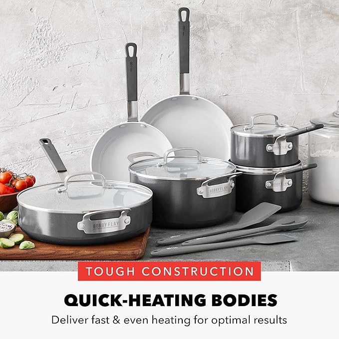 GreenPan x Bobby Flay 13 Piece Nonstick Cookware Pots and Pans Set, PFAS-Free Diamond Ceramic, Induction Suitable, Easy Clean Dishwasher & Oven Safe, Stay-Cool Silicone Handles, Glass Lids, Graphite - Image 7