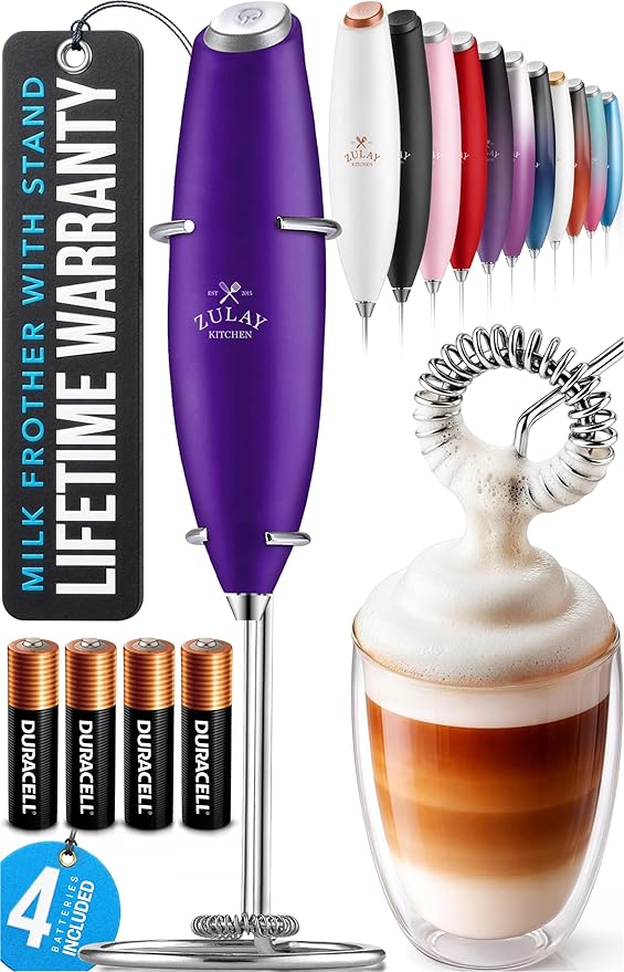 Zulay Kitchen Powerful Milk Frother Wand With 4 AA Duracell Batteries - Ultra Fast Handheld Drink Mixer - Electric Whisk Foam Maker for Coffee, Lattes, Cappuccino, Matcha & Creamer - Grape by ZulayKitchen