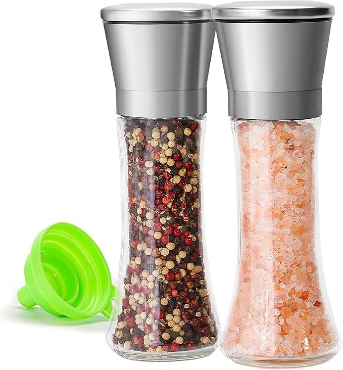 Premium Stainless Steel Sea Salt and Pepper Grinder Set of 2 - Adjustable Ceramic - Tall Glass Salt and Pepper Shakers - Pepper Mill & Salt Mill W/Funnel (2.6"W x 7.5"H) by MJINGMEI