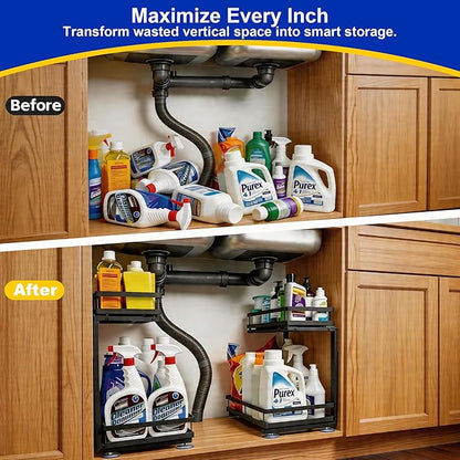 Under Sink Organizer, Dual-Rail Ball-Bearing, Under Kitchen Sink Organizer, 6-Level Adjustable, Under Cabinet Organizer, No-Drill Adhesive/Suction, Under Sink Storage (Black, Double Layer - 1 Pack)