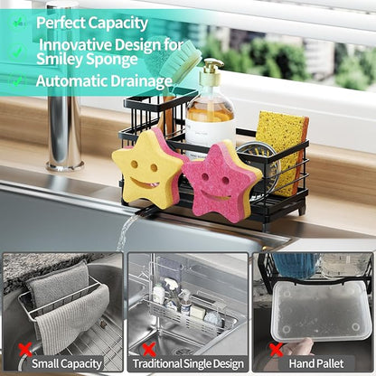 HapiRm Sink Caddy Sponge Holder - Self-draining Kitchen Sink Organizer with Smiley Face and Brush Holder, Stainless Steel Kitchen Sponge Caddy for Countertop - Black - Image 7