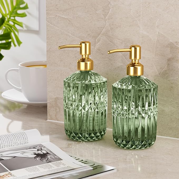 AmazerBath Soap Dispenser, 2 Pack Green Glass Soap Dispenser with Pump Stainless Steel, 14.2OZ Luxury Gold Hand Soap Bottles Bathroom Kitchen - Image 8