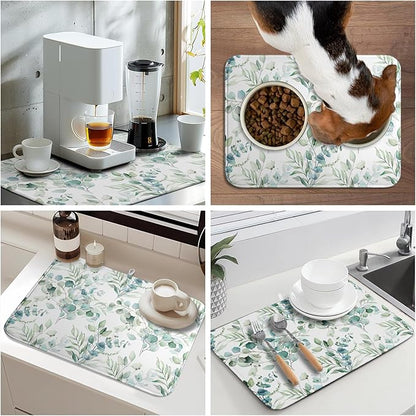 Watercolor Sage Leaves Dish Drying Mats for Kitchen Counter 16x18 Inch,Spring Leaves Kitchen Drying Mat,Sage Herbs Dishes Pad Dish Drainer Rack Mats Absorbent Fast Dry Kitchen Accessories