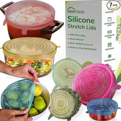 Reusable Silicone Stretch Lids for Food Storage in Fridge - Elastic Heat-Resistant Bowl Covers, Cups, Cans, Jars - Universal Food Grade Lid for Round and Rectangle Containers - 7 Pack - Multicolor by BasicHaus