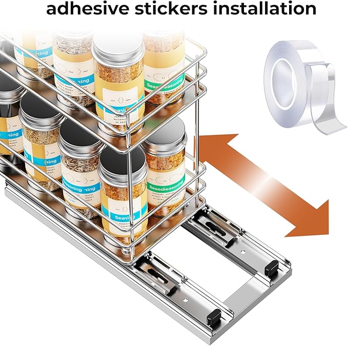 Mystozer Pull Out Spice Rack Organizer for Cabinet, Slide Out Spice Racks, Easy to Install, 4.33" Wx10.43 Dx8.66 H, 1 Drawer 2 Tiers(Silver) - Image 4